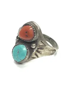 Navajo turquoise and red coral ring