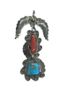 Jim Two Eagles Navajo turquoise/ red coral pendant