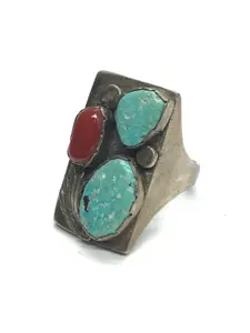 Navajo turquoise and red coral ring