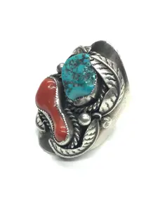 Vintage Navajo turquoise and red coral ring