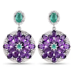 17.71 CT Amethyst, Emerald, and Diamond Earrings 925