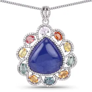 Multi Color Sapphire, Tanzanite & Diamond .925 Pendant Necklace