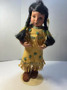 Native American Style Bisque Porcelain Collector Doll in Fringed Yellow Dress