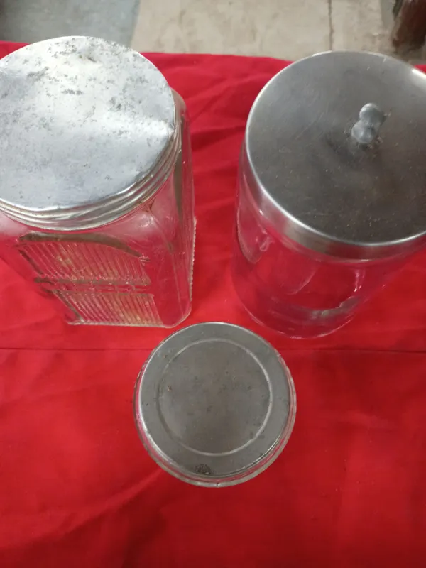 Trio of Vintage Glass Kitchen Canisters with Metal Lids from auction in Brewton, Alabama — image 33
