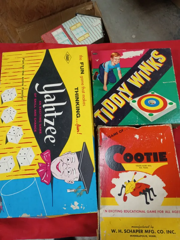 An Assortment of Vintage Board Games Including Yahtzee, Cootie, and Tiddly Winks with a Tin Toy House from auction in Brewton, Alabama — image 36
