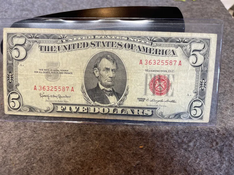 US Series 1963 $5 United States Note Red Seal from auction in Brewton, Alabama — image 7