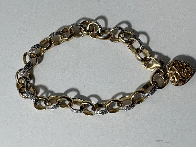 Two-Tone Textured Link Bracelet with Filigree Heart Charm This is marked 925, I could just not get a good picture of 925 Mark from auction in Brewton, Alabama — image 27