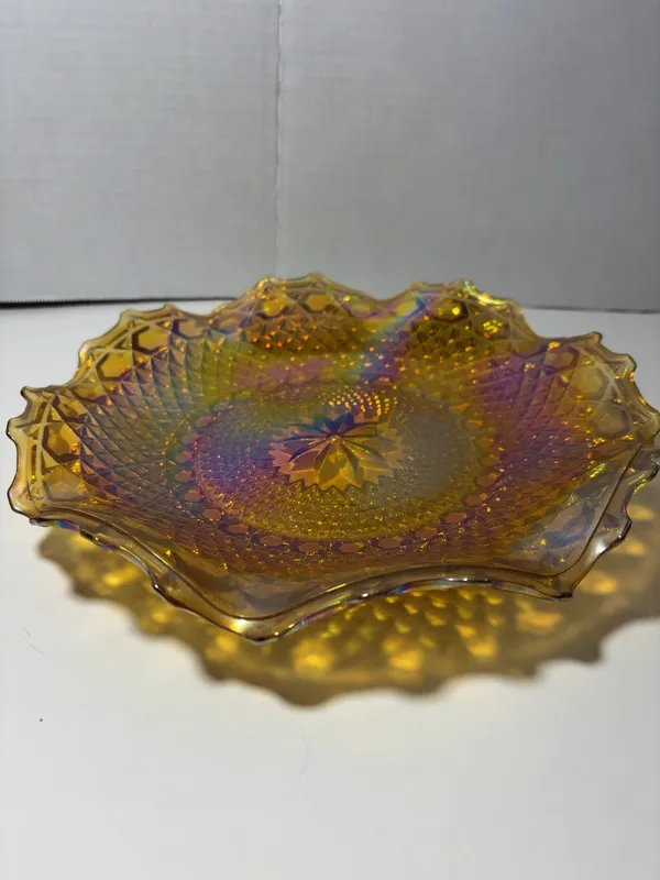 Marigold Carnival Glass Ruffled Bowl with Geometric Faceted Pattern from auction in Brewton, Alabama — image 41