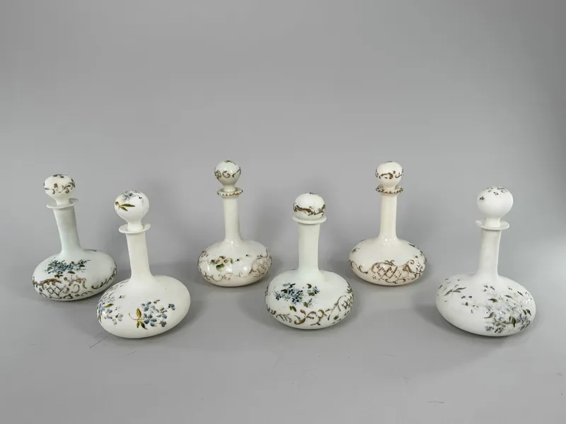 Group of Six Hand-painted Milk Glass Decanters from auction in Cranston, Rhode Island — image 3