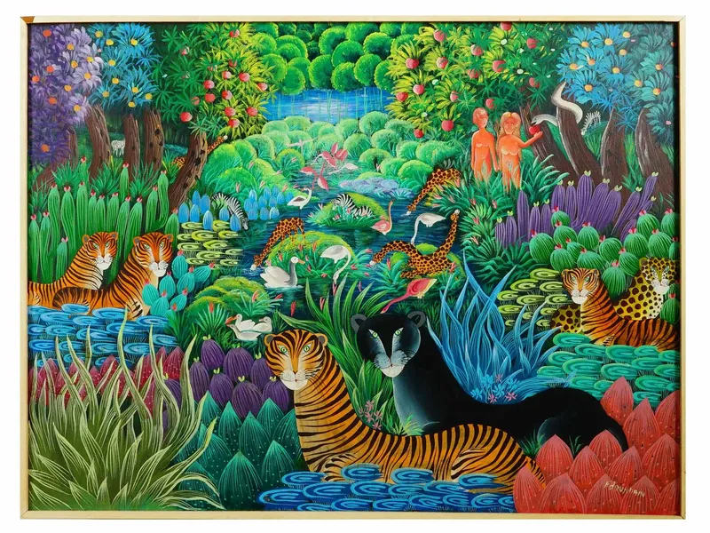 HAITIAN FRITZ JOURDAIN JUNGLE GARDEN OF EDEN OIL PAINTING from auction in New York, New York — image 27