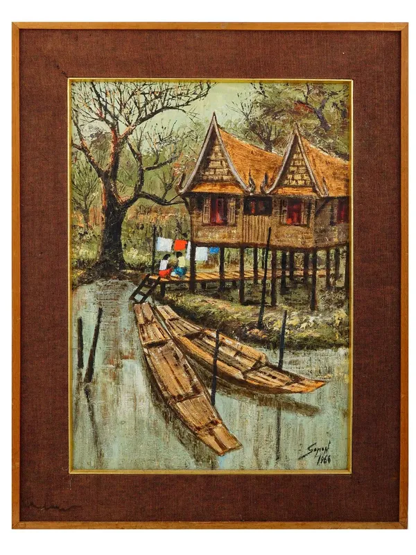 1966 THAI VILLAGE CANAL OIL PAINTING SIGNED SAPON PAINTING from auction in New York, New York — image 28