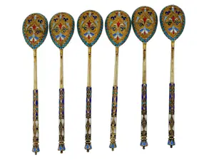 IMPERIAL RUSSIAN SILVER CLOISONNE ENAMEL TEA SPOONS SET
