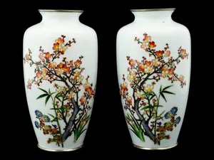 PAIR JAPANESE WHITE GROUND CLOISONNE VASES