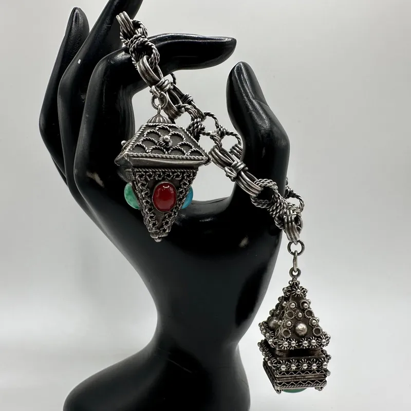Chunky Etruscan Revival Style Colorful Stone Fob and Locket Charm Silver Bracelet from auction in Orlando, Florida — image 7