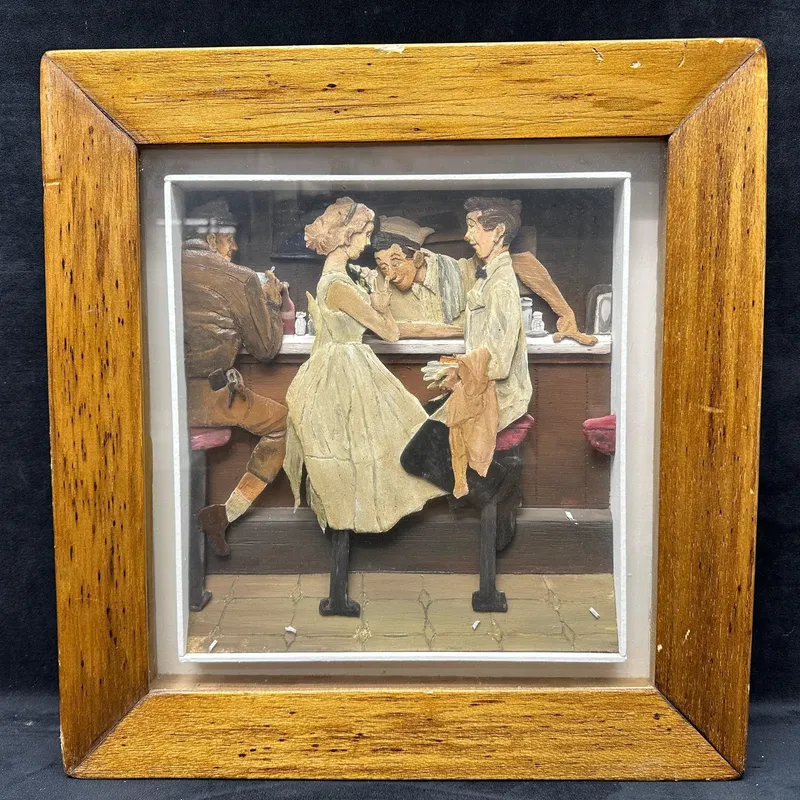 Vintage 3D Relief Wall Art Diner Counter Scene in Wooden Shadowbox Frame from auction in Orlando, Florida — image 28