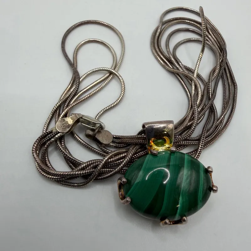 Green Malachite Oval Stone Pendant Sterling Silver Triple Strand Necklace AB18 from auction in Orlando, Florida — image 1