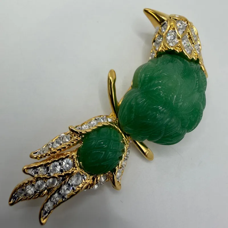 Nolan Miller Glamour Collection Faux Jade and Rhinestone Bird of Paradise Pin from auction in Orlando, Florida — image 3