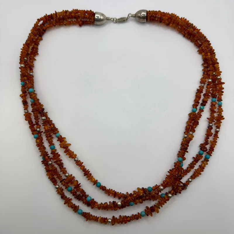 Triple Strand Amber and Turquoise Chip Bead Sterling Silver Necklace DTR 925 from auction in Orlando, Florida — image 26