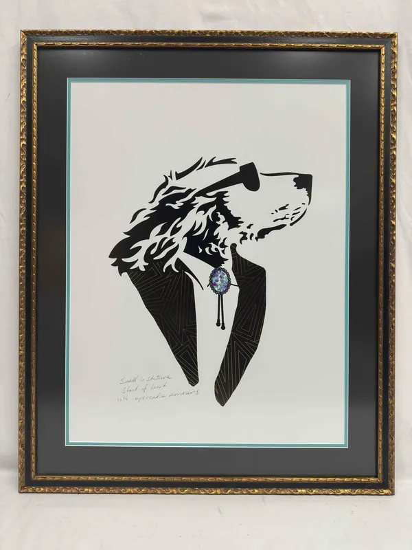 Lonely Dog Gold Geometric Black Suit Jacket Turquoise Bolo Tie Giclee Framed Ivan Clarke Art Print from auction in Orlando, Florida — image 1