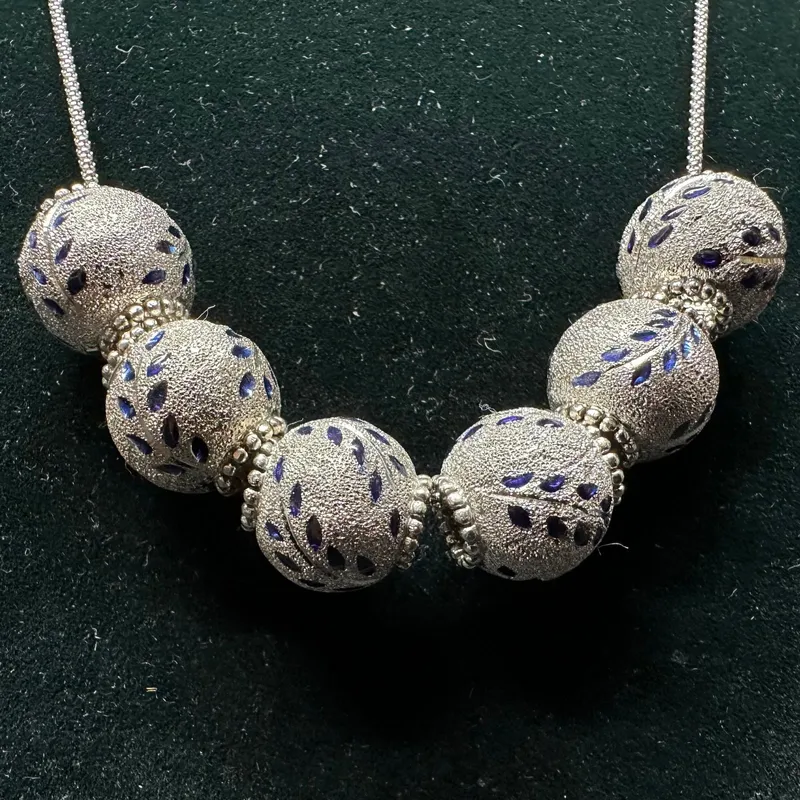 Blue Enamel Leaf Motif Textured 14K White Gold Necklace Six Ball Pendants from auction in Orlando, Florida — image 7