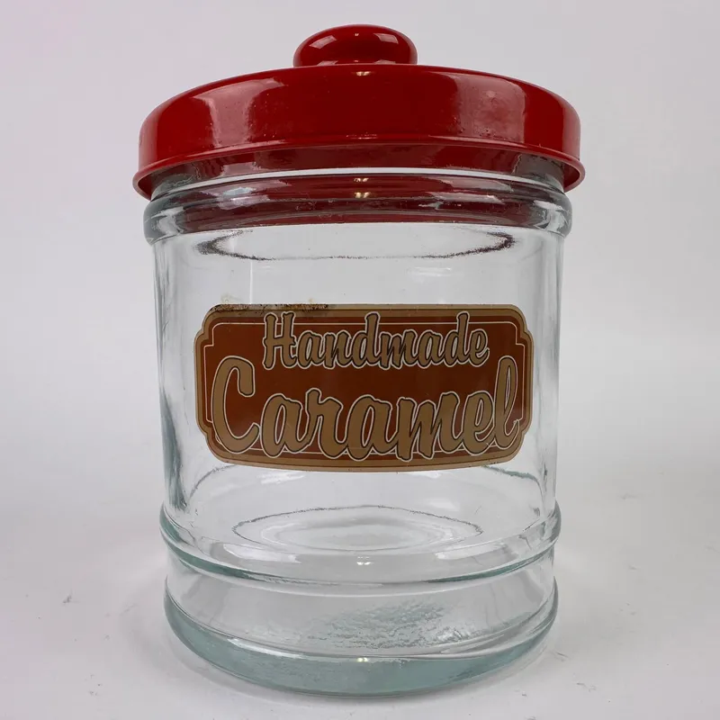 Vintage Style Glass Handmade Caramel Countertop Candy Jar with Red Lid from auction in Orlando, Florida — image 12
