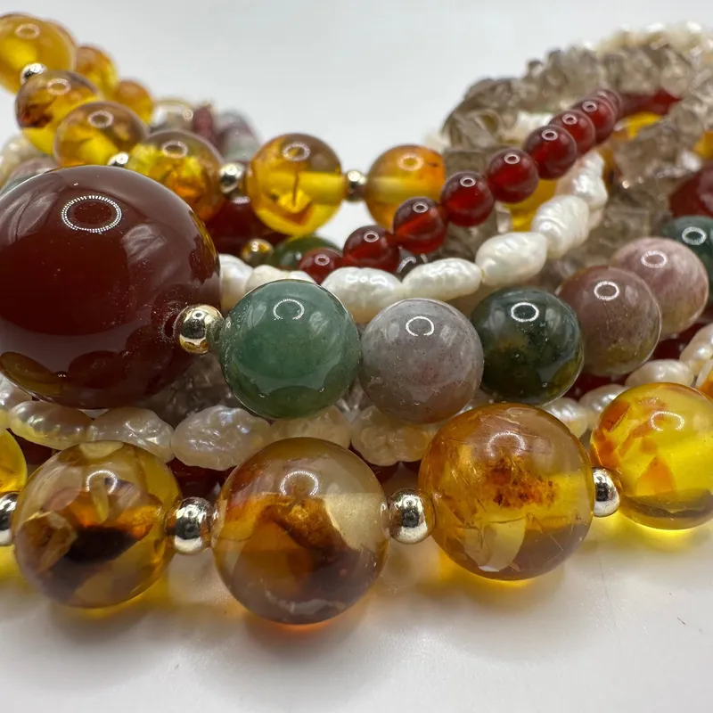 Five Strand Multi Gemstone Carnelian Smoky Quartz Amber Pearl Sterling Silver Clasp Necklace from auction in Orlando, Florida — image 16