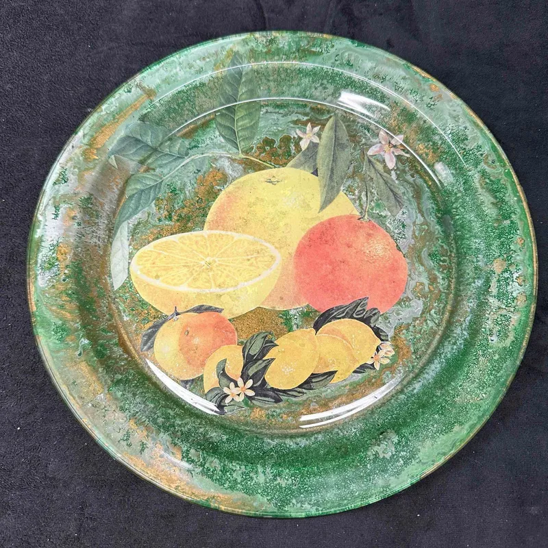 Vintage Transferware Fruit Design Green and Gold Marbled Style Plate by P. Owens 1992 from auction in Orlando, Florida — image 17