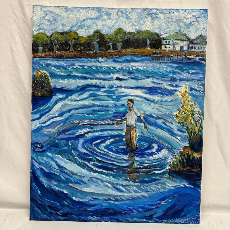 Original Oil Painting Fisherman Casting Net in Blue Waters JJ Graham from auction in Orlando, Florida — image 34