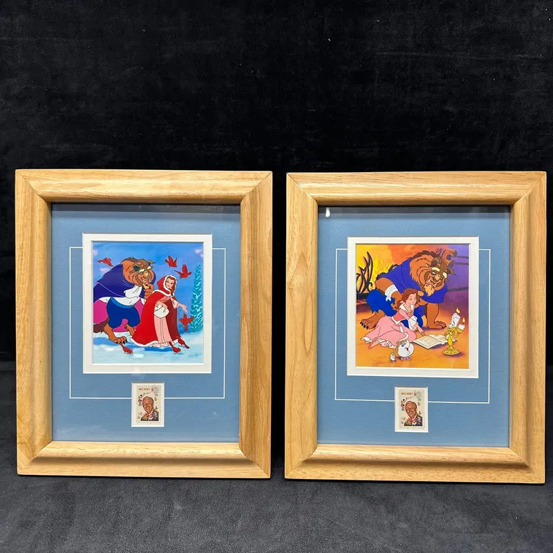 Pair of Framed Disney Beauty and The Beast Animation Art Prints with Walt Disney 6 Cent Stamps from auction in Orlando, Florida — image 13