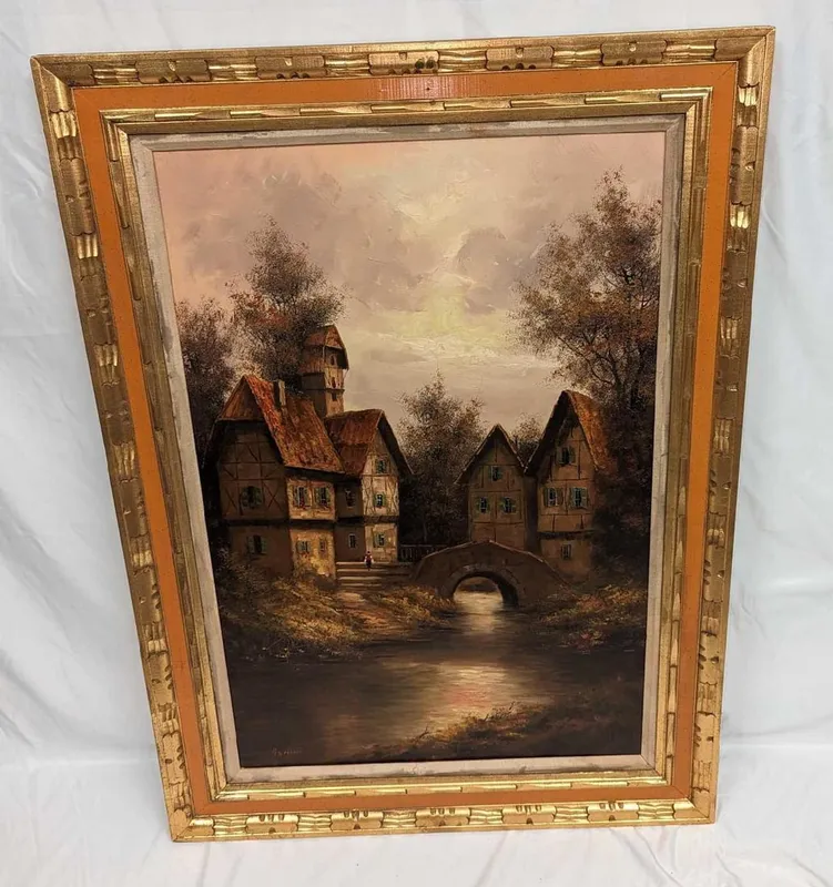 Framed Marineri Original Oil On Canvas Village & Bridge from auction in Orlando, Florida — image 5