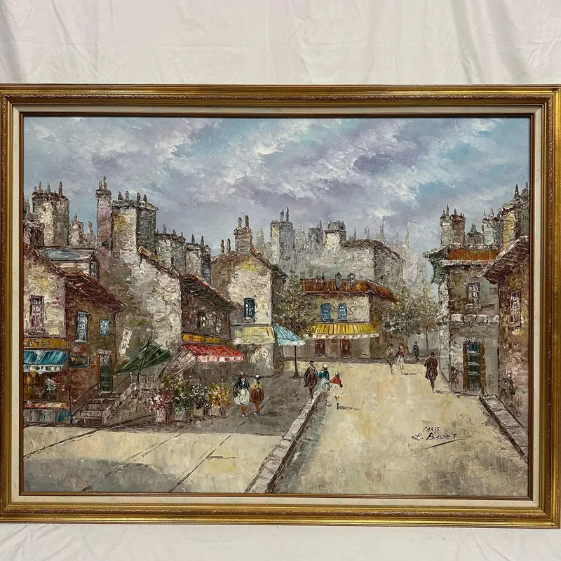 Large Original Oil Painting on Canvas framed Paris Street Scene Signed L. Basset from auction in Orlando, Florida — image 43