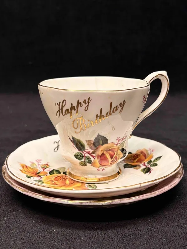 3pc Vintage Royal Grafton Happy Birthday Finebne Teacup and Saucer China from auction in Orlando, Florida — image 32