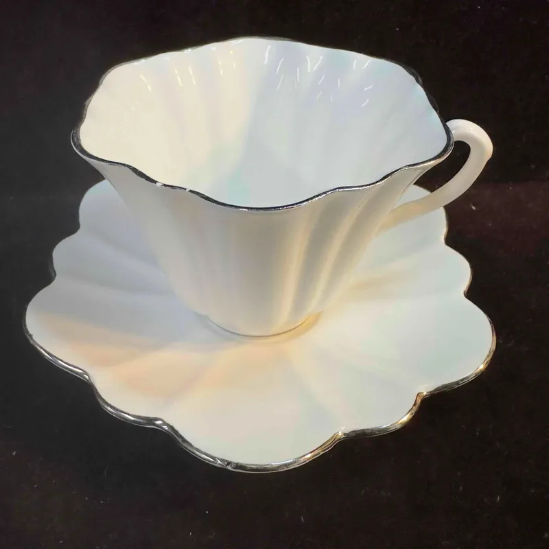 Rosina Bone China White Silver Toned Accent Rim Cup and Saucer Plate Set from auction in Orlando, Florida — image 39