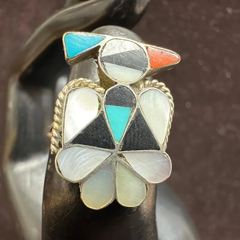 Zuni Native Style MOP Coral Turquoise Onyx Inlay Thunderbird Silver Ring from auction in Orlando, Florida — image 42