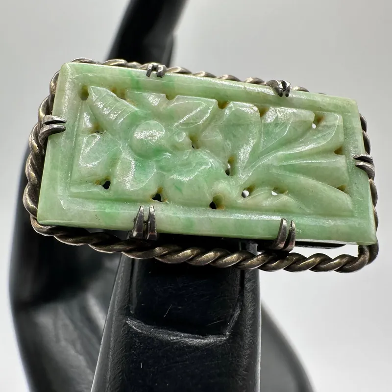 Chinese Art Deco Style Jadeite Rectangular Silver Rope bezel Brooch Q65 from auction in Orlando, Florida — image 26