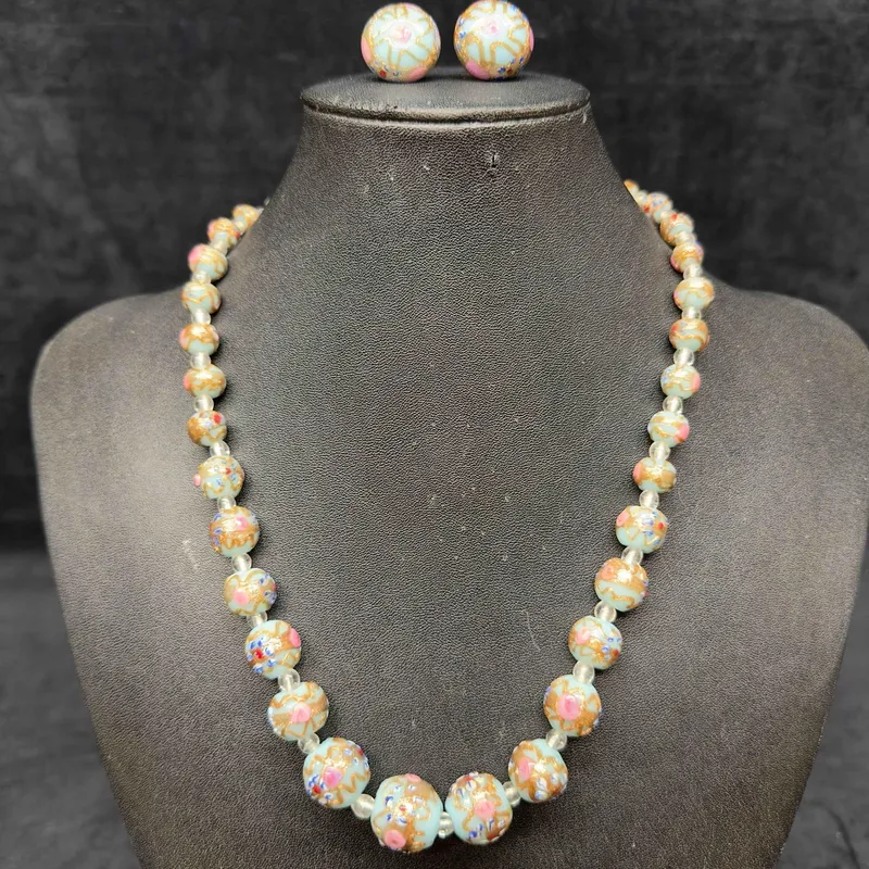 Venetian Murano Glass Lamp Work Sky Blue Round Wedding Cake Bead Necklace and Earrings Set from auction in Orlando, Florida — image 40
