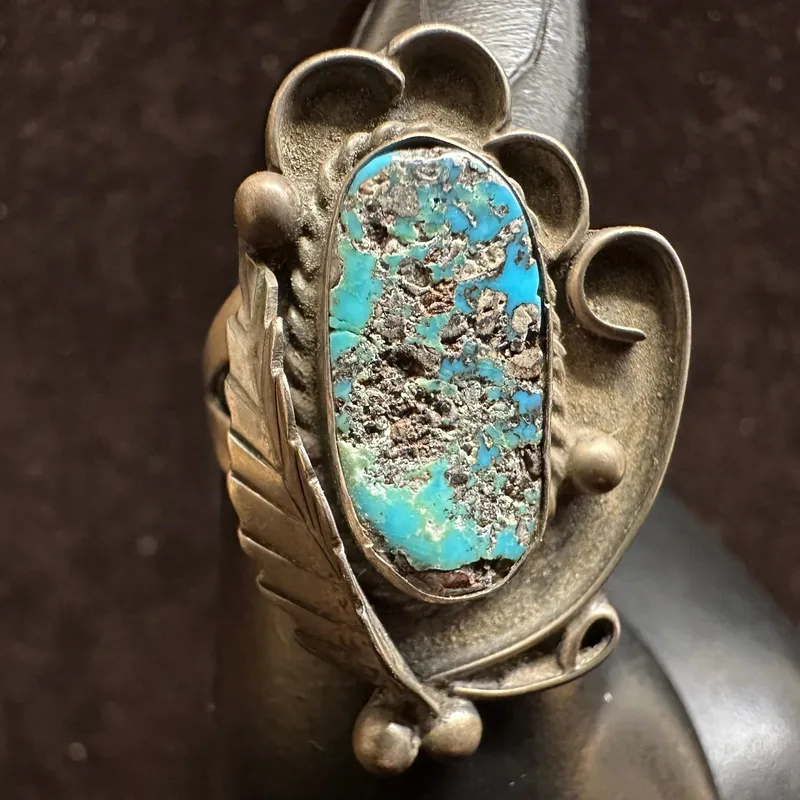 Natural Turquoise In Matrix Navajo Style Silver Ring Feather Motif from auction in Orlando, Florida — image 38