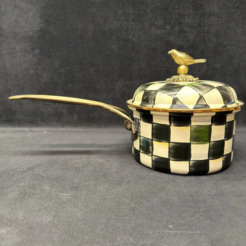 MacKenzie Childs Courtly Check Enamel Saucepan with Lid Bird Finial from auction in Orlando, Florida — image 24