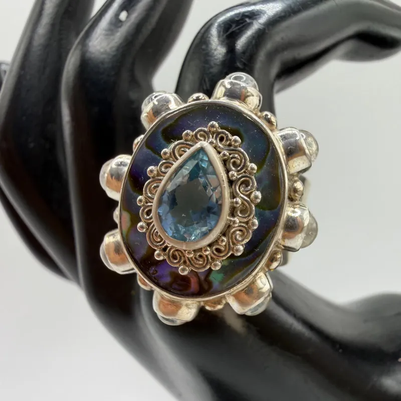 Sajen Sterling Silver Ring Abalone Shell Pear Shaped Blue Topaz AB49 from auction in Orlando, Florida — image 36