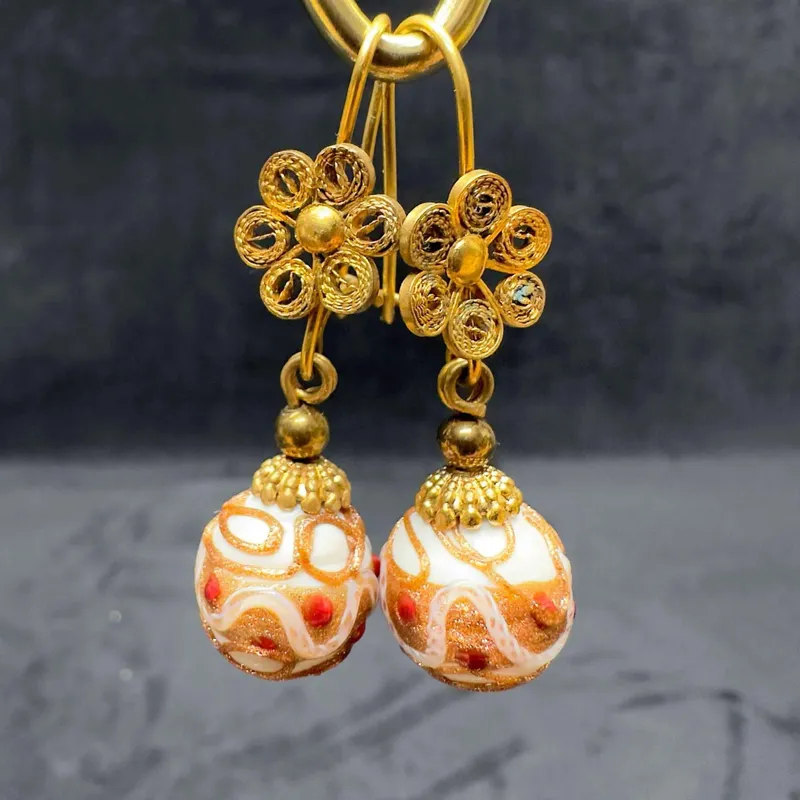Murano Venetian Art Glass Lamp Work White Red Floral Accents Dangle Earrings E17 from auction in Orlando, Florida — image 43