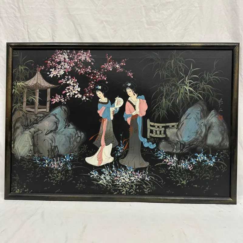 Asian Geisha Women in a Garden Under Cherry Blossoms Framed Oil on Canvas from auction in Orlando, Florida — image 46