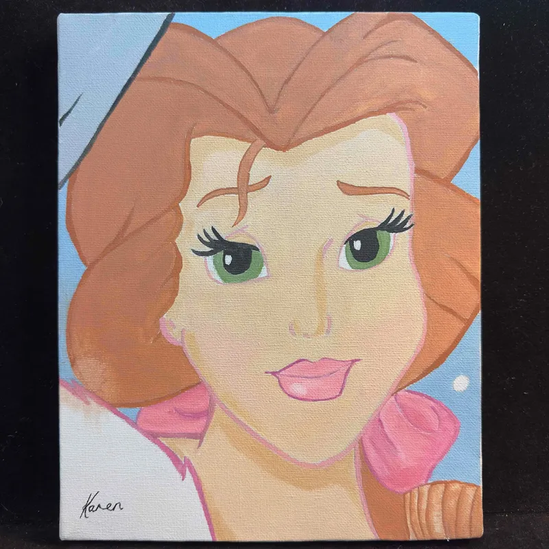 Belle Inspired Portrait Painting by Karen Hand Painted Canvas Signed Bright Soft Colors Whimsical from auction in Orlando, Florida — image 14