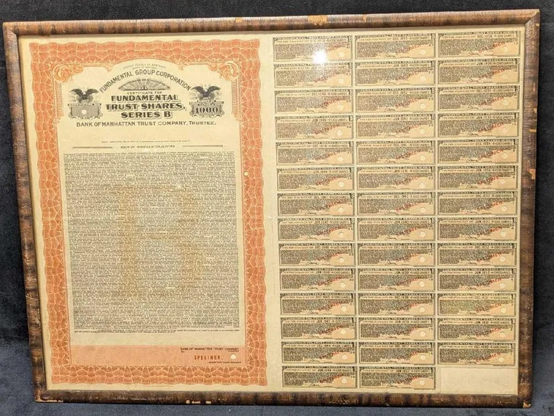 Framed ​​​​​​​Specimens 1940s Manhattan Trust Shares from auction in Orlando, Florida — image 6