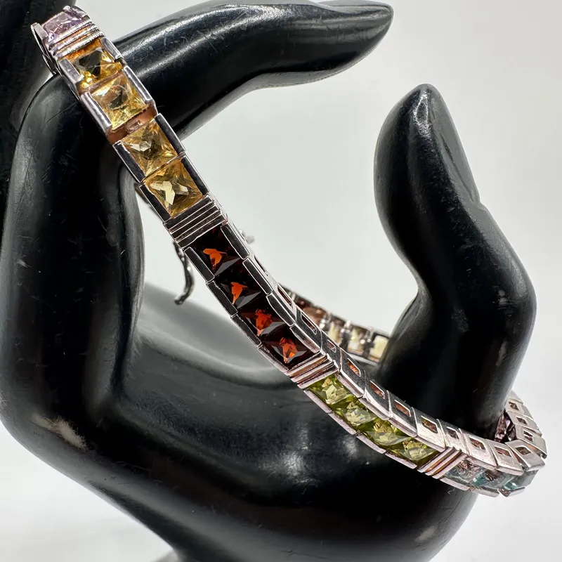 925 Sterling Multi Colored Gemstone Tennis Bracelet Thailand Q17 from auction in Orlando, Florida — image 15