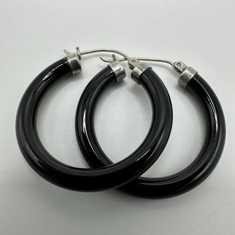 Black Onyx Hoop Sterling Silver Earrings 925 GSJ from auction in Orlando, Florida — image 24
