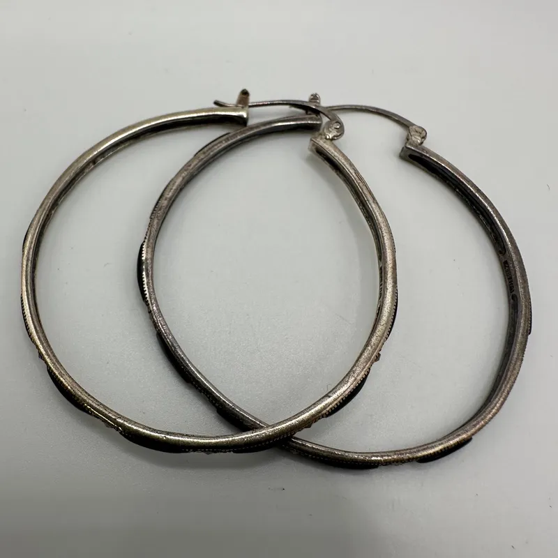 Black Enamel Marcasite Large Hoop Earrings Sterling Silver Q15 from auction in Orlando, Florida — image 26