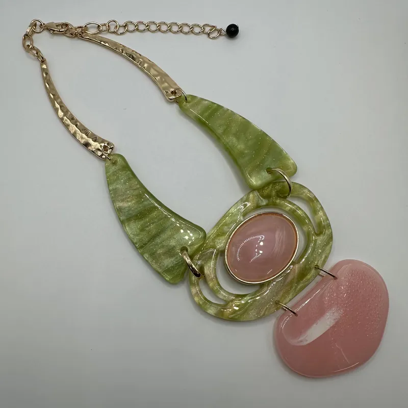 Modern Abstract Celluloid Statement Necklace Pink Green Gold-Tone from auction in Orlando, Florida — image 23