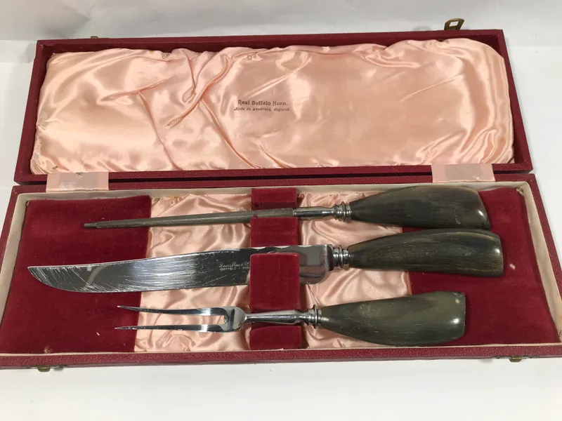 Real Buffalo Horn Handle Carving Set in case from auction in 212 Cazenovia Street, — image 19