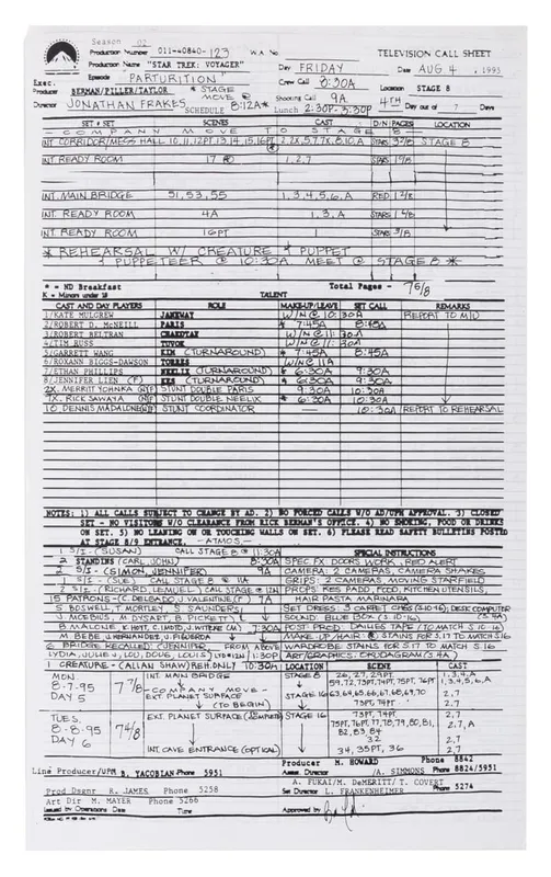 A "Star Trek: Voyager" Television Call Sheet. from auction in Studio City, California — image 44