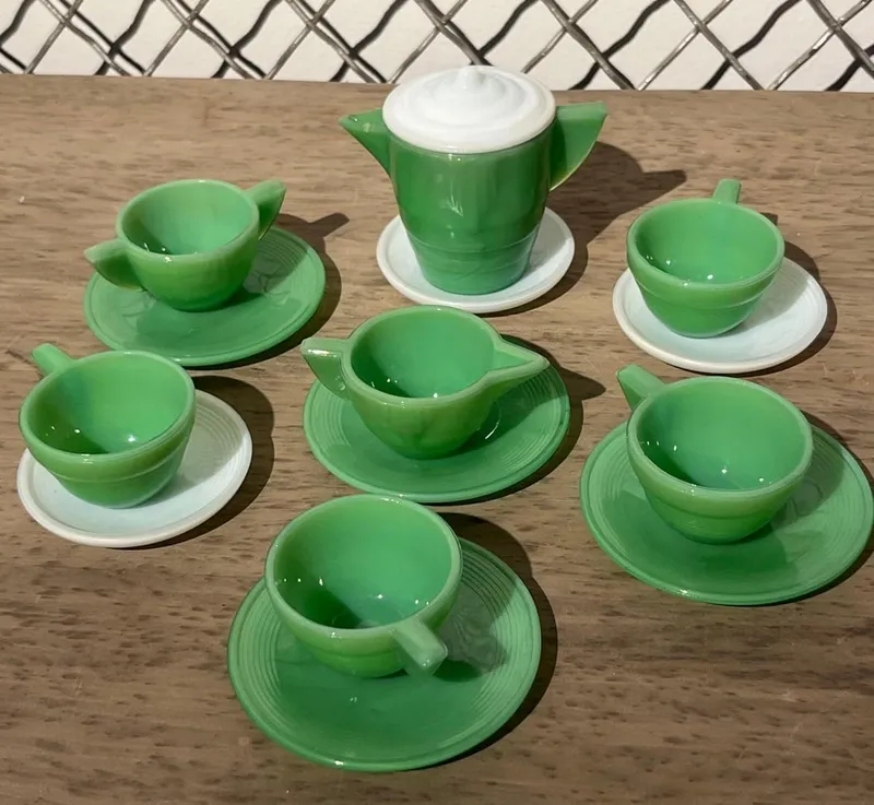 16pc Green & White Slag Glass Tea Set from auction in Dundee, Ohio — image 3